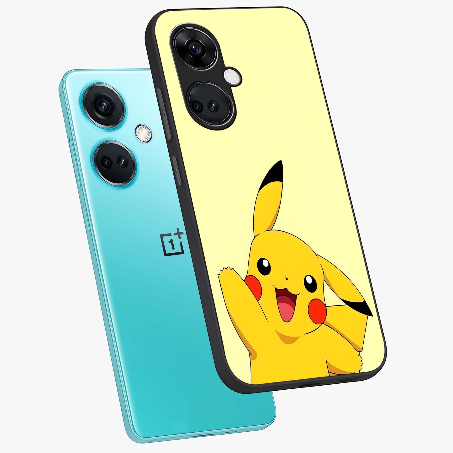 Happy Electric Pikachu Glass Case for 1+Nord Ce 3 angled mockup showcasing glossy finish and vibrant yellow tones