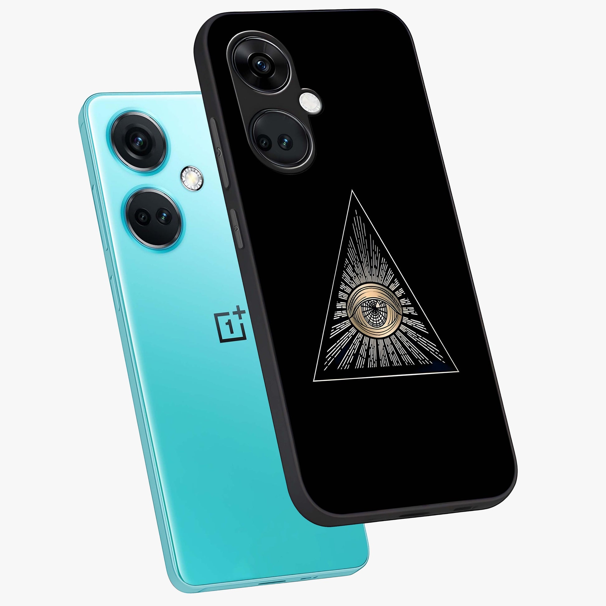 Illuminati Evil Glass Case for 1+Nord CE 3 captured at a warm angle highlighting sharp graphic details, gloss, and edge clarity.