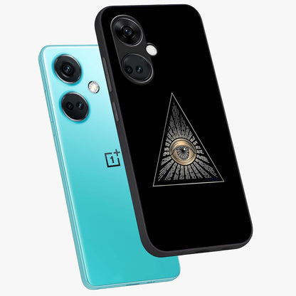 Illuminati Evil Glass Case for 1+Nord CE 3 captured at a warm angle highlighting sharp graphic details, gloss, and edge clarity.