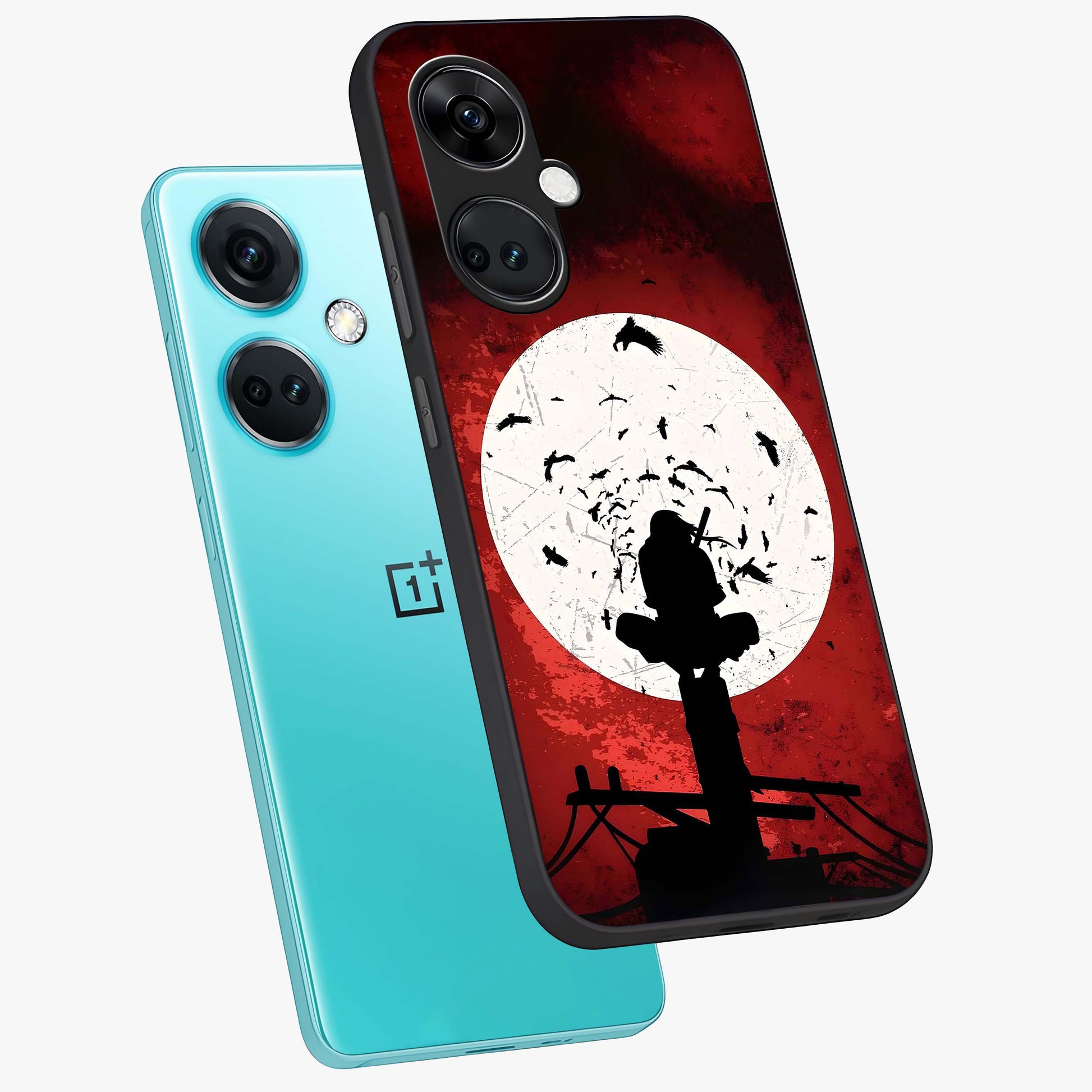 Itachi Limited Edition Naruto Anime Case Glass Case for 1+Nord Ce 3 angled mockup showcasing glossy glass finish and dramatic red tones