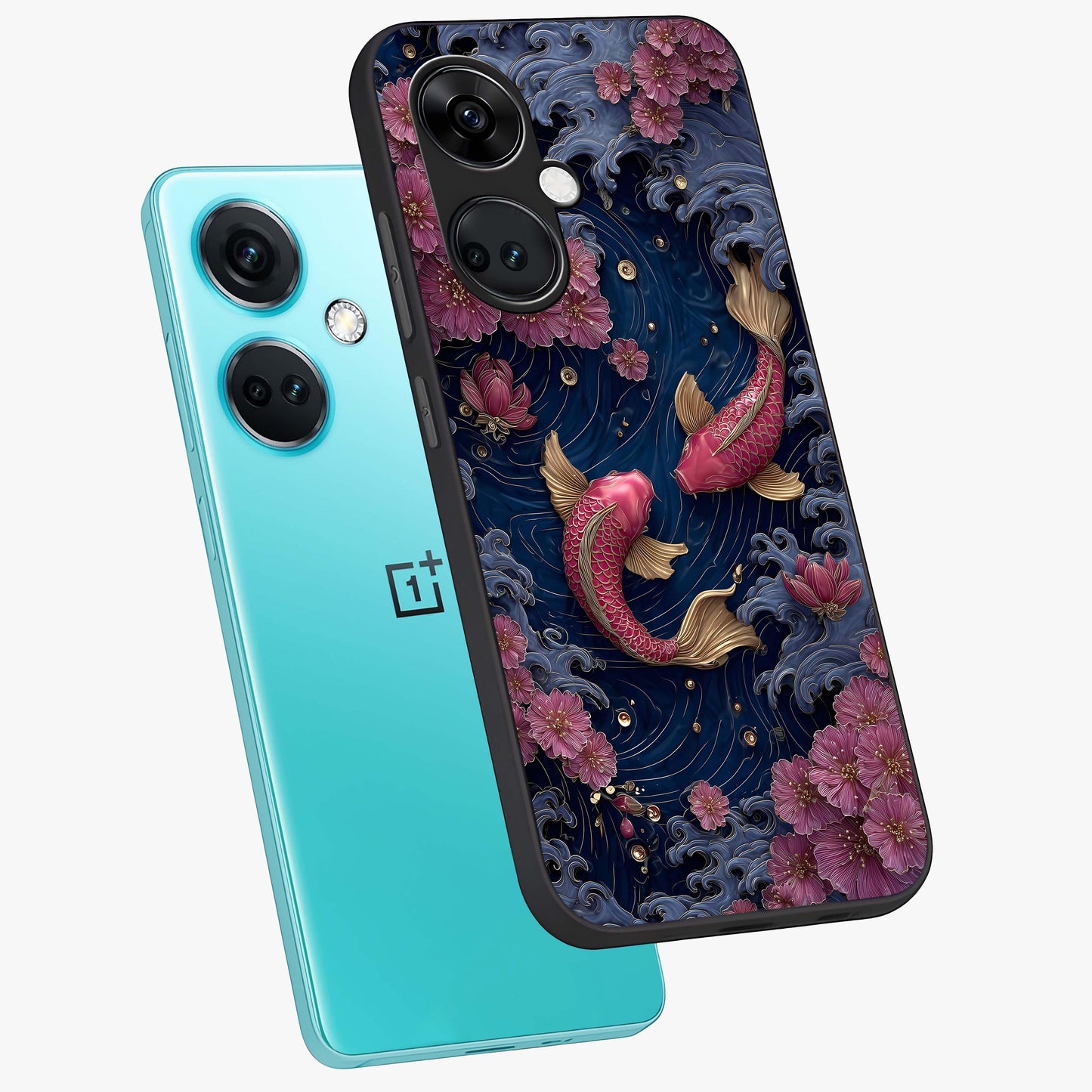 Koi Wave Dance Glass Case for 1+Nord CE 3 angled mockup showcasing glossy finish and vibrant aquatic tones