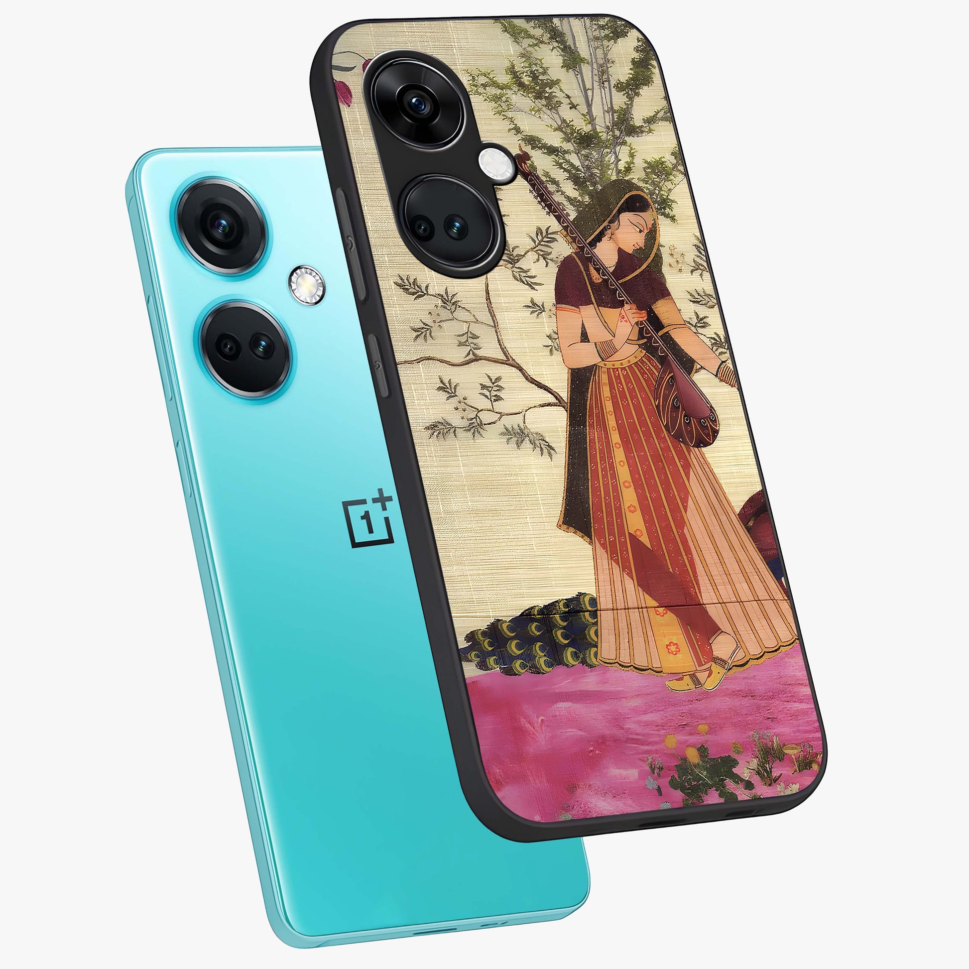 Lady With Veena Art Glass Case for 1+Nord Ce 3 angled mockup showcasing glossy finish and refined artistic detailing