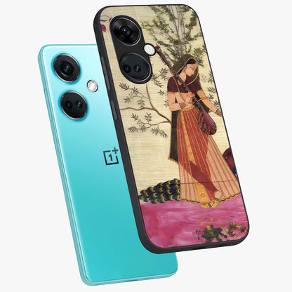 Lady With Veena Art Glass Case for 1+Nord Ce 3 angled mockup showcasing glossy finish and refined artistic detailing