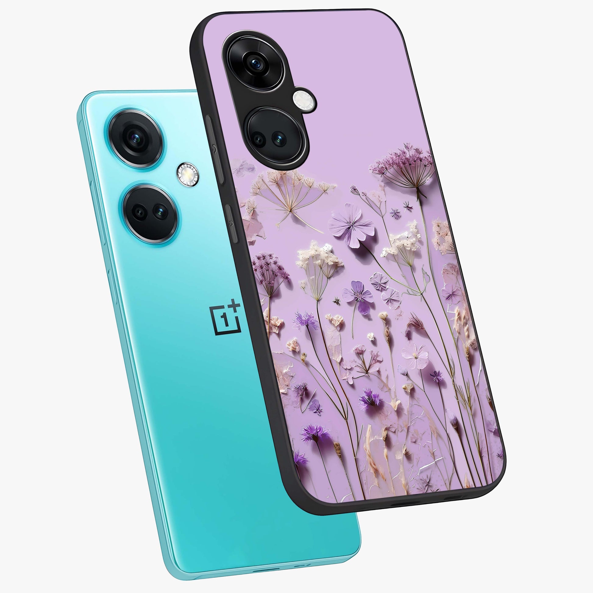 Lavender Blossom Dream Glass Case for 1+Nord CE 3 angled mockup showcasing glossy finish and pastel purple tones