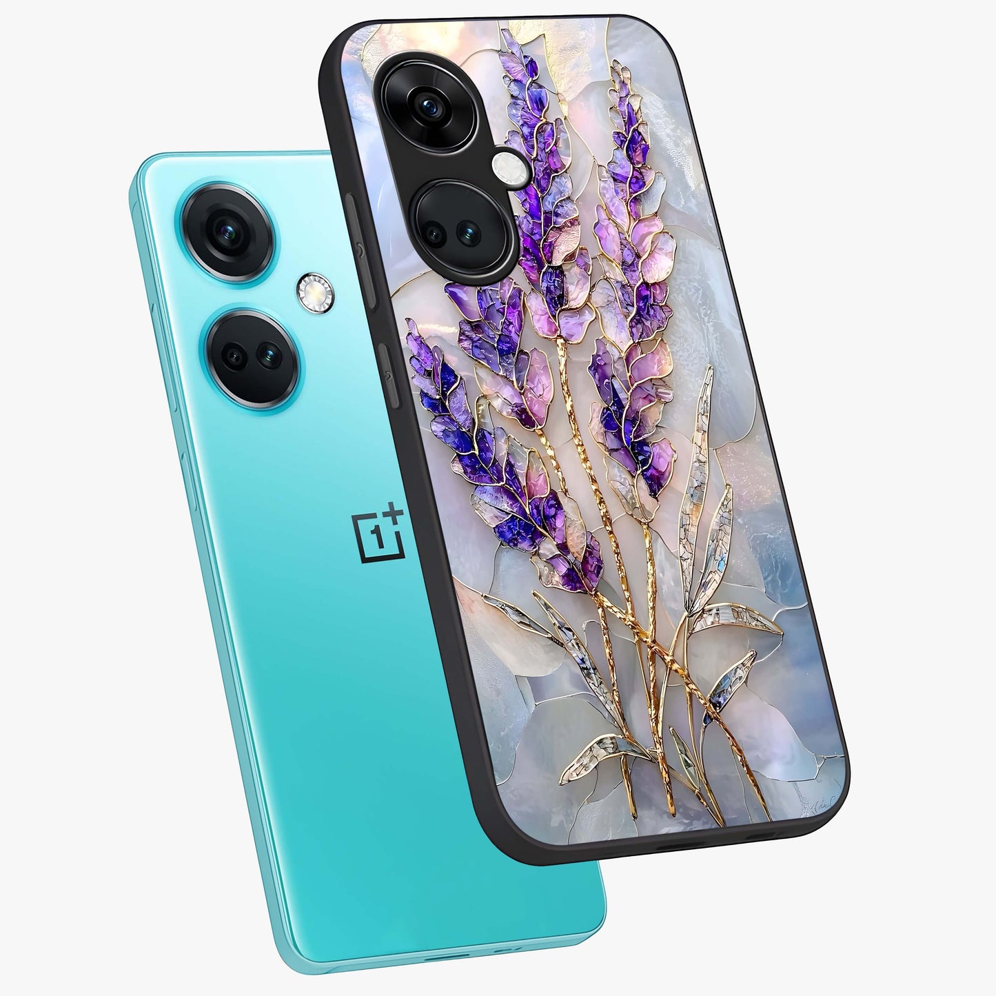 Lavender Dream Glow Glass Case for 1+Nord CE 3 angled mockup showcasing glossy finish and luminous purple gradients