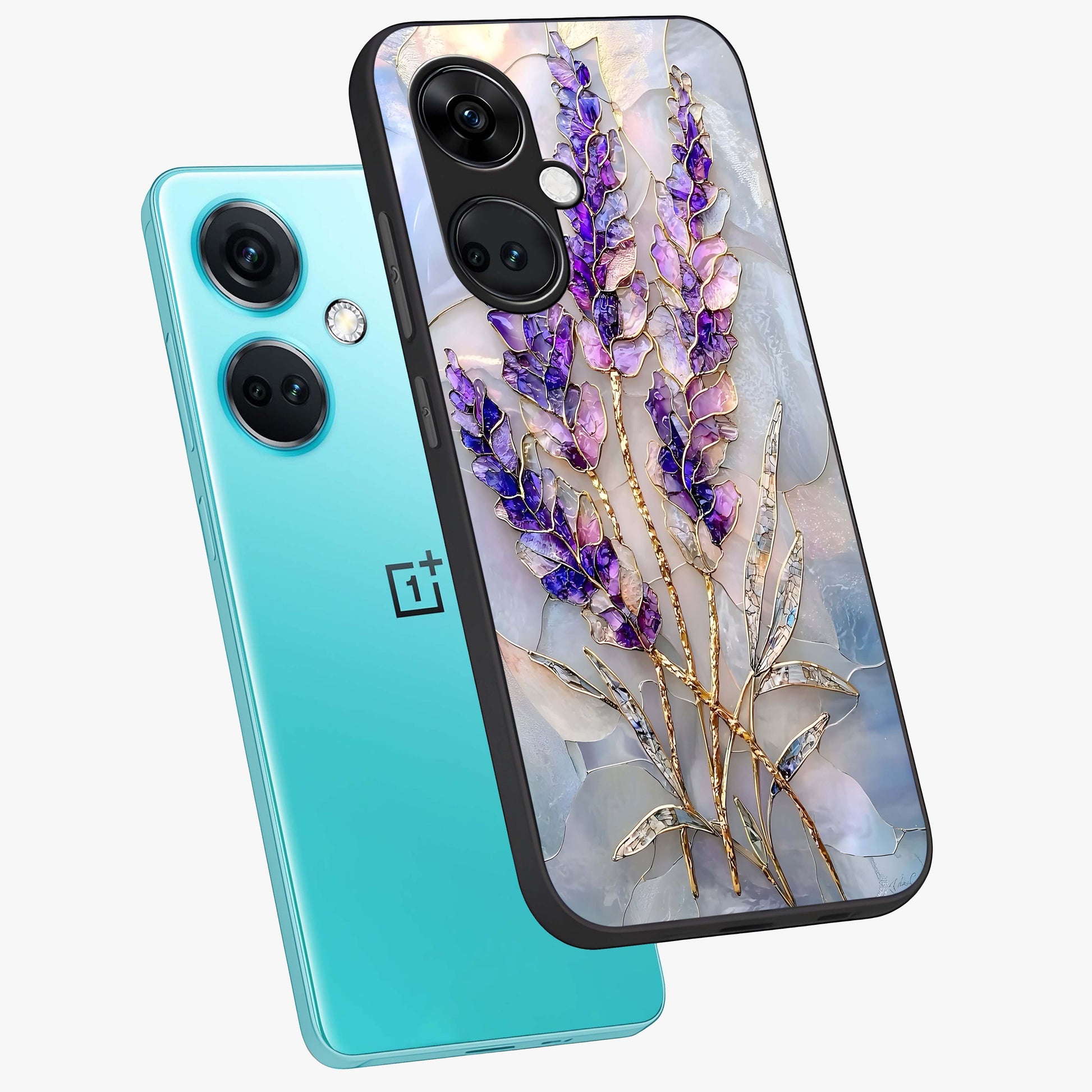 Lavender Dream Glow Glass Case for 1+Nord CE 3 angled mockup showcasing glossy finish and luminous purple gradients