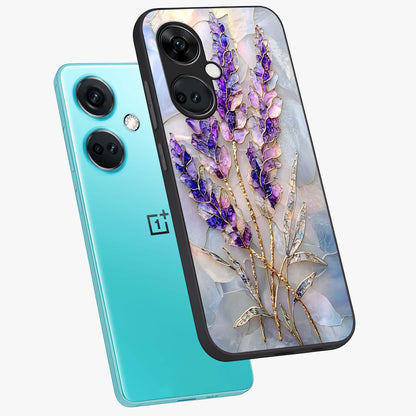 Lavender Dream Glow Glass Case for 1+Nord CE 3 angled mockup showcasing glossy finish and luminous purple gradients