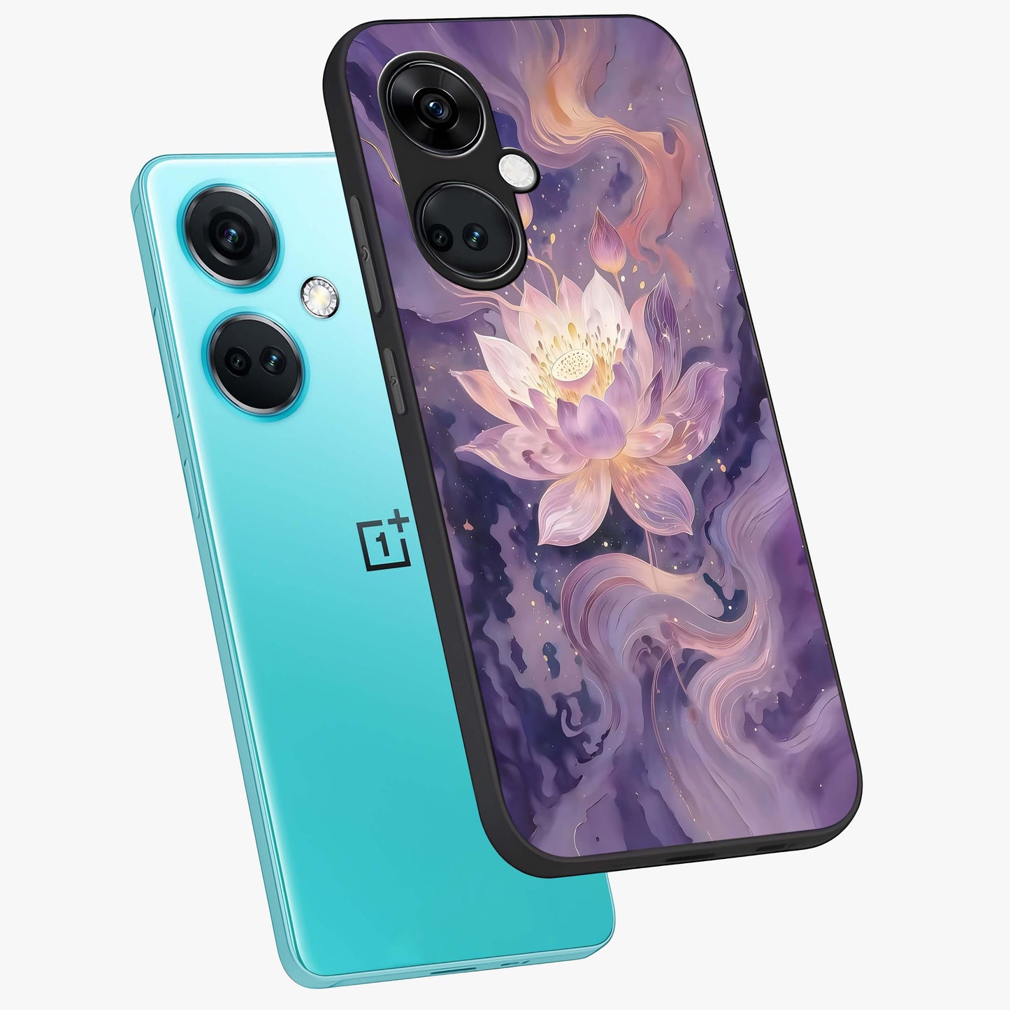 Lavender Lotus Muse Glass Case for 1+Nord CE 3 angled mockup showcasing glossy finish and refined floral detailing