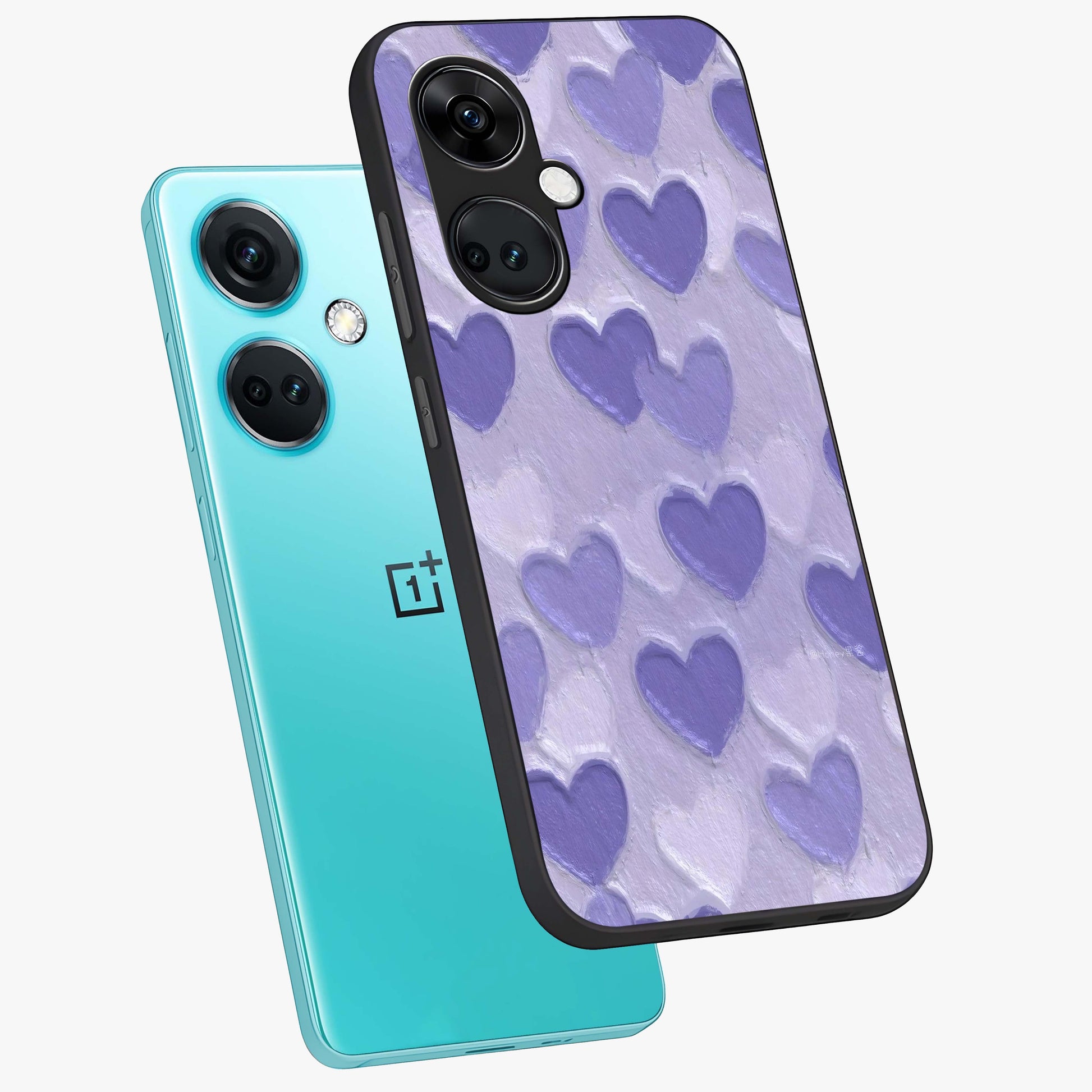 Lavender Paper Hearts Glass Case for 1+Nord Ce 3 angled mockup showcasing glossy finish and playful pastel detailing