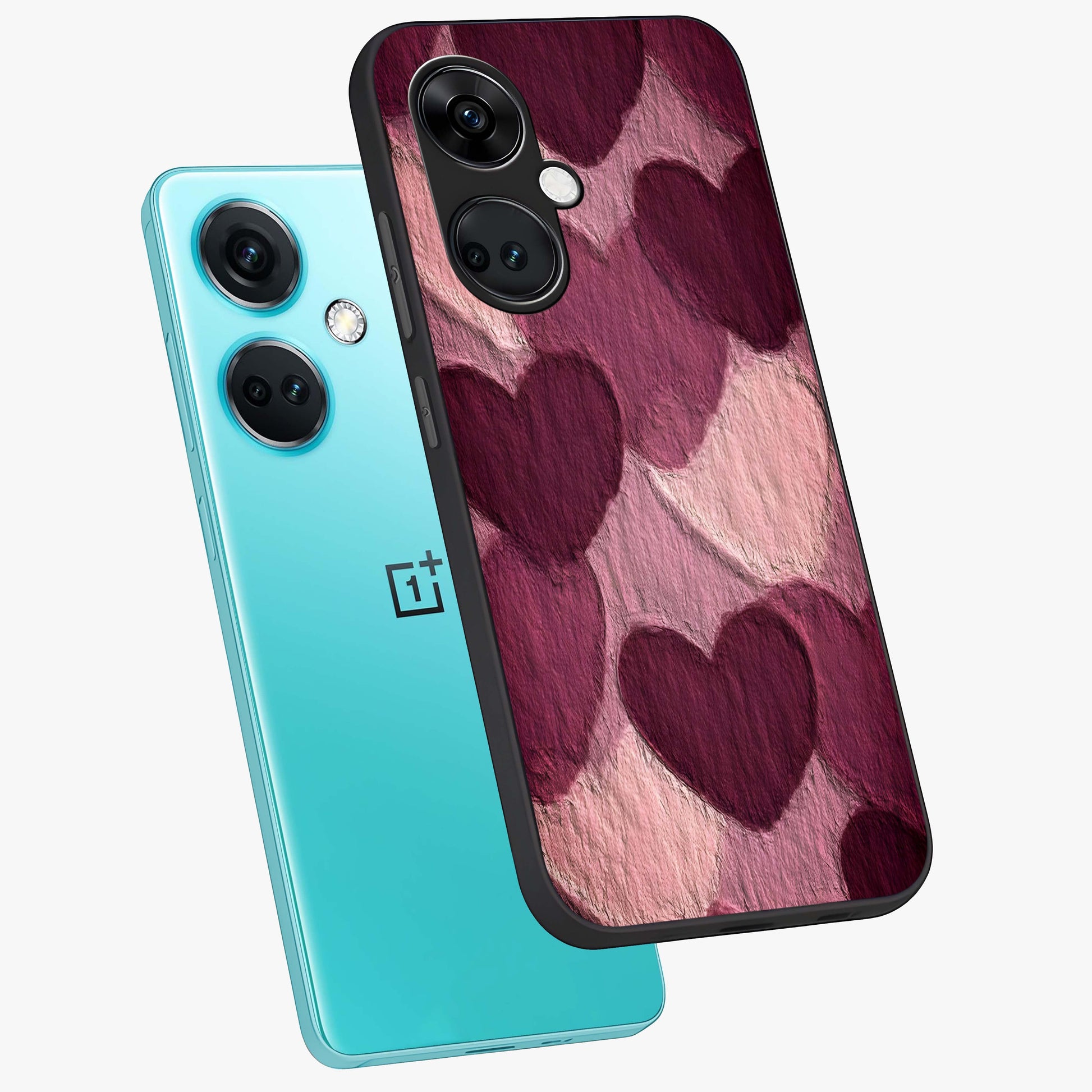Layered Paper Hearts Glass Case for 1+Nord CE 3 angled mockup showcasing glossy finish and soft romantic tones