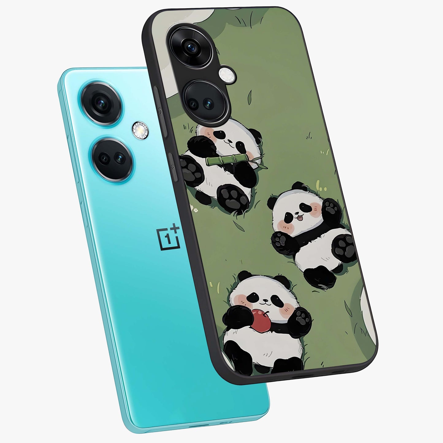 Lazy Panda Picnic Glass Case for 1+Nord CE 3 angled mockup showcasing glossy finish and vibrant cartoon detailing