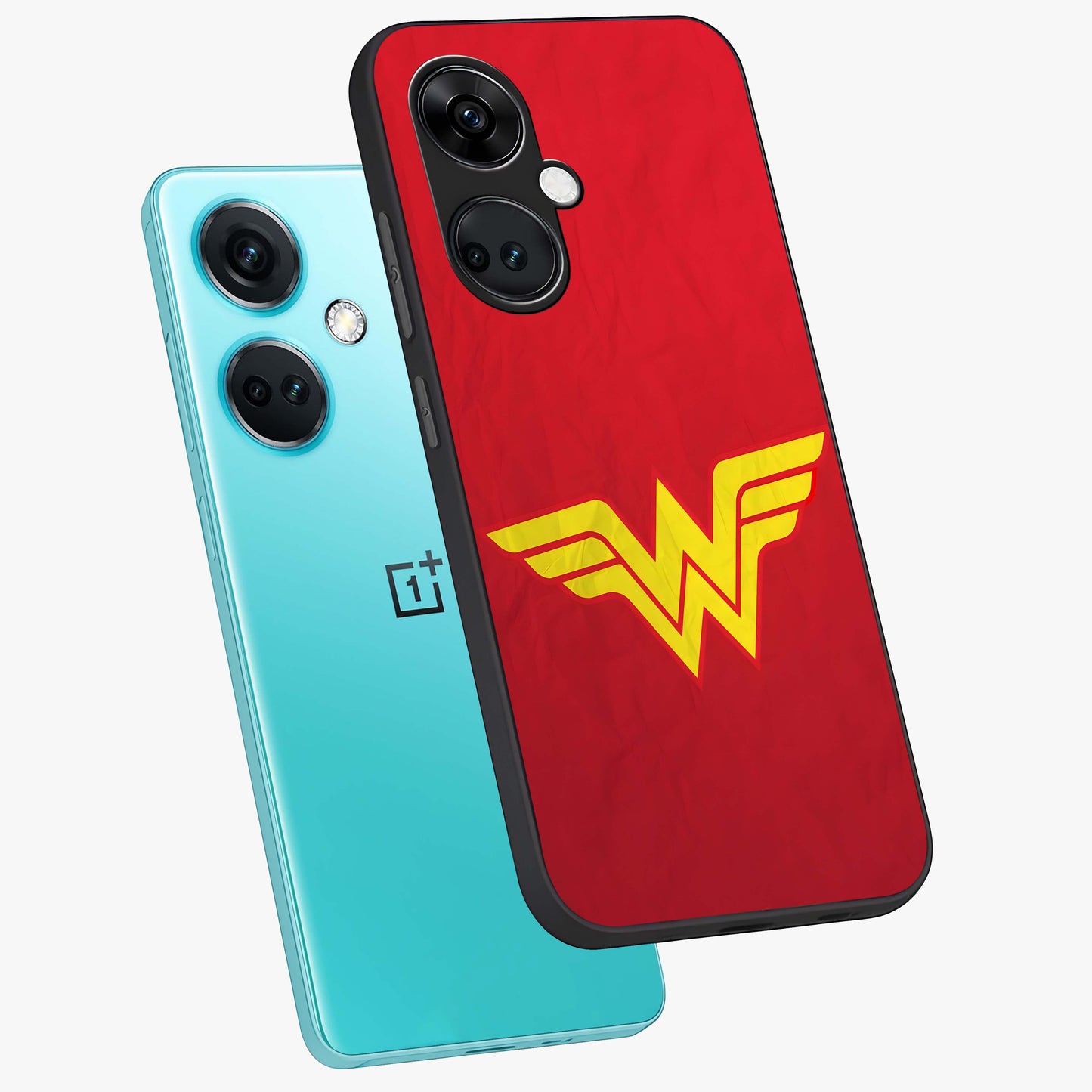 Legendary Wonder Power Glass Case for 1+Nord CE 3 angled mockup showcasing glossy finish and vibrant power tones