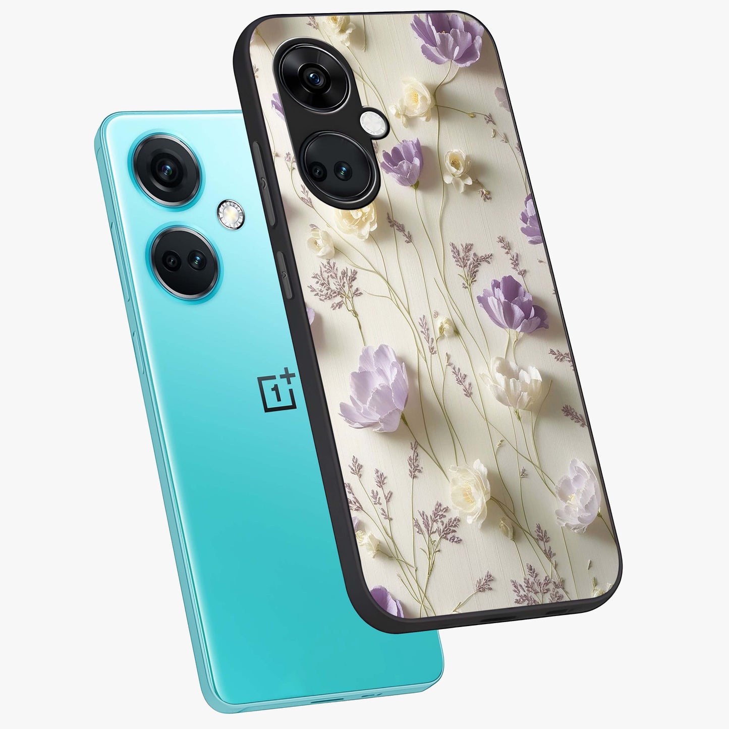 Lilac Breeze Harmony Glass Case for 1+Nord CE 3 angled mockup showcasing glossy finish and pastel purple tones