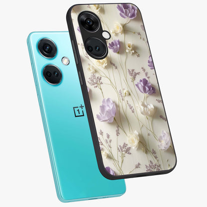 Lilac Breeze Harmony Glass Case for 1+Nord CE 3 angled mockup showcasing glossy finish and pastel purple tones