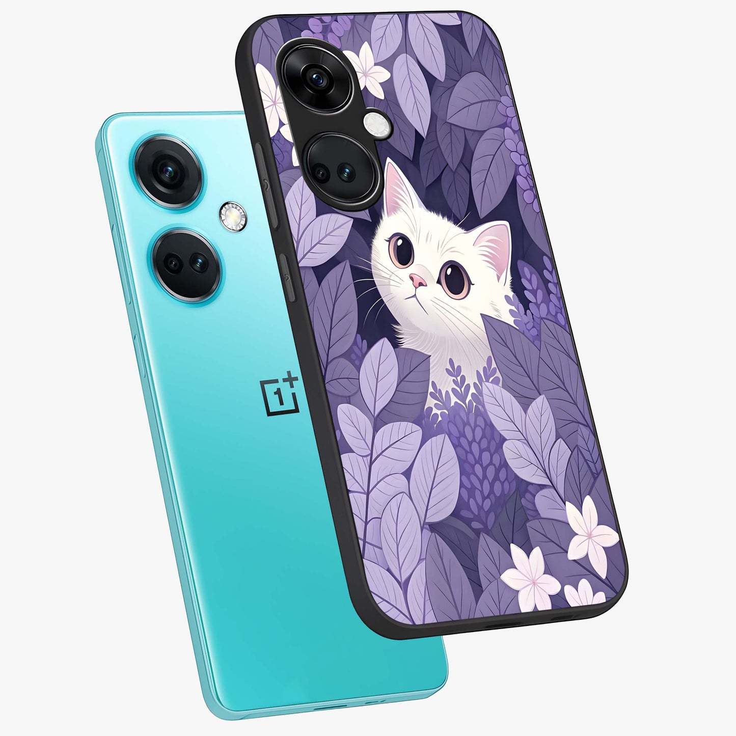 Lilac Hide Peek Cat Glass Case for 1+Nord CE 3 angled mockup showcasing glossy finish and cute character detailing