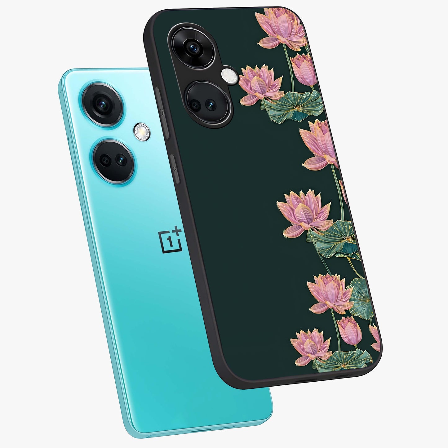Lotus Bloom Serenity Glass Case for 1+Nord CE 3 angled mockup showcasing glossy glass finish and calming tones