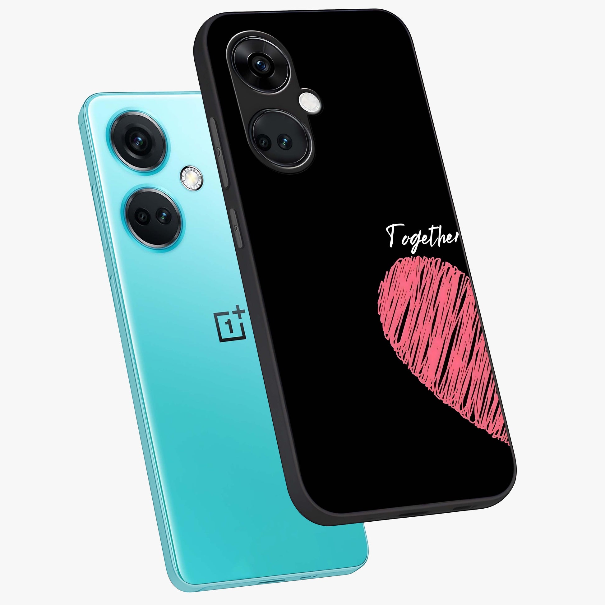 Love Forever Together Left Glass Case for 1+Nord CE 3 angled mockup showcasing glossy finish and soft love inspired tones