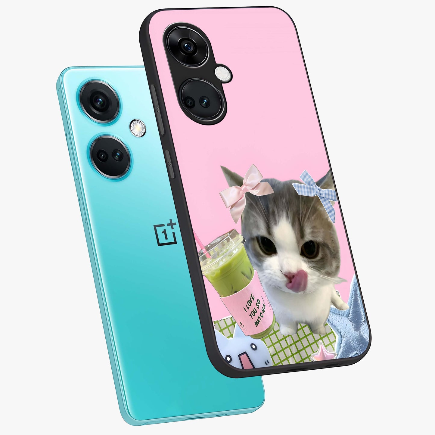 Love Matcha Cat Glass Case for 1+Nord CE 3 angled mockup showcasing glossy finish and playful pastel tones