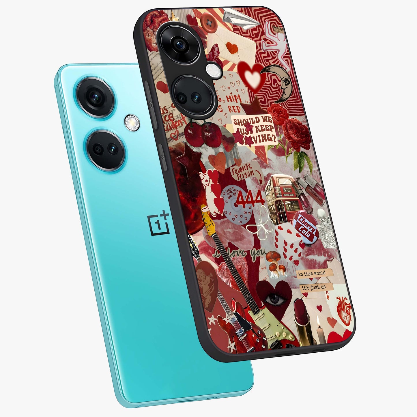 Lover’S Red Chaos Glass Case for 1+Nord CE 3 angled mockup showcasing glossy finish and dramatic crimson tones