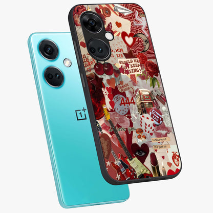 Lover’S Red Chaos Glass Case for 1+Nord CE 3 angled mockup showcasing glossy finish and dramatic crimson tones