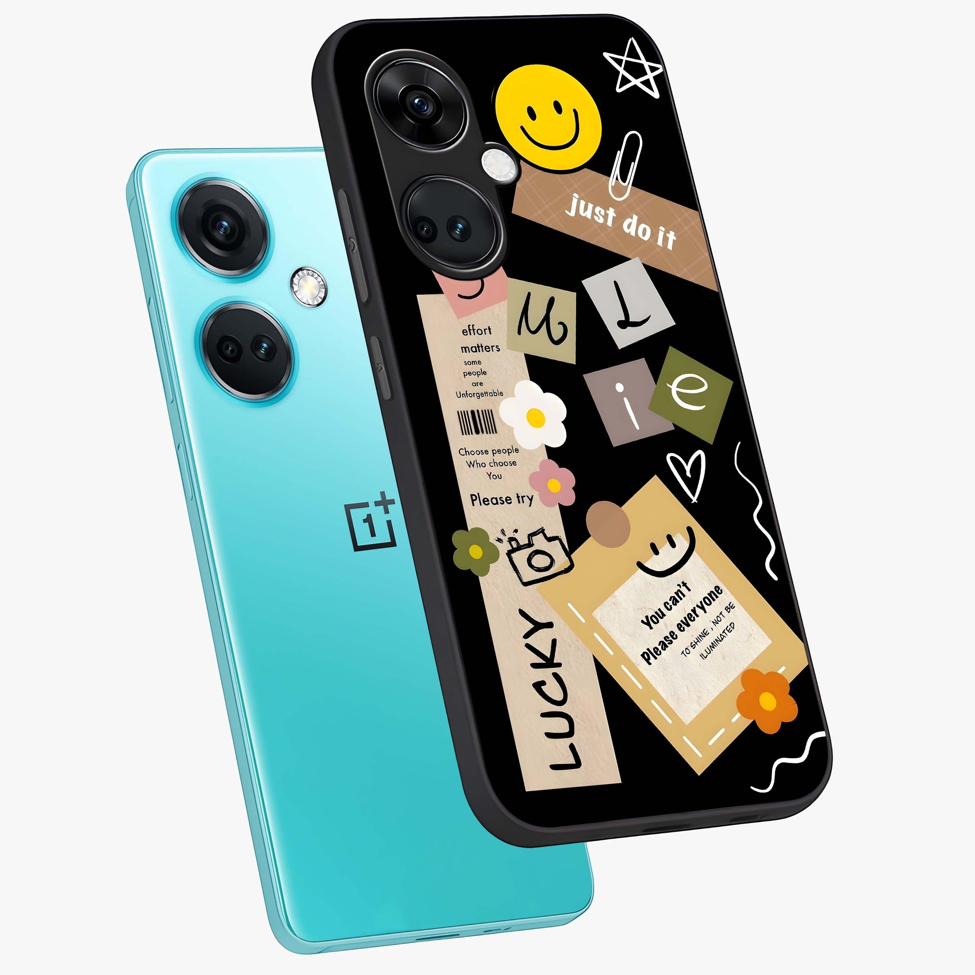 Lucky Aesthetic Collage Case Glass Case for 1+Nord CE 3 angled mockup showcasing glossy finish and colorful textures