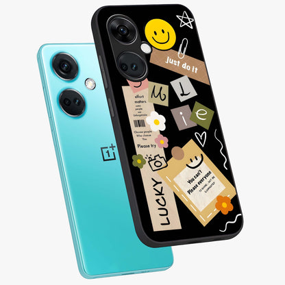Lucky Aesthetic Collage Case Glass Case for 1+Nord CE 3 angled mockup showcasing glossy finish and colorful textures
