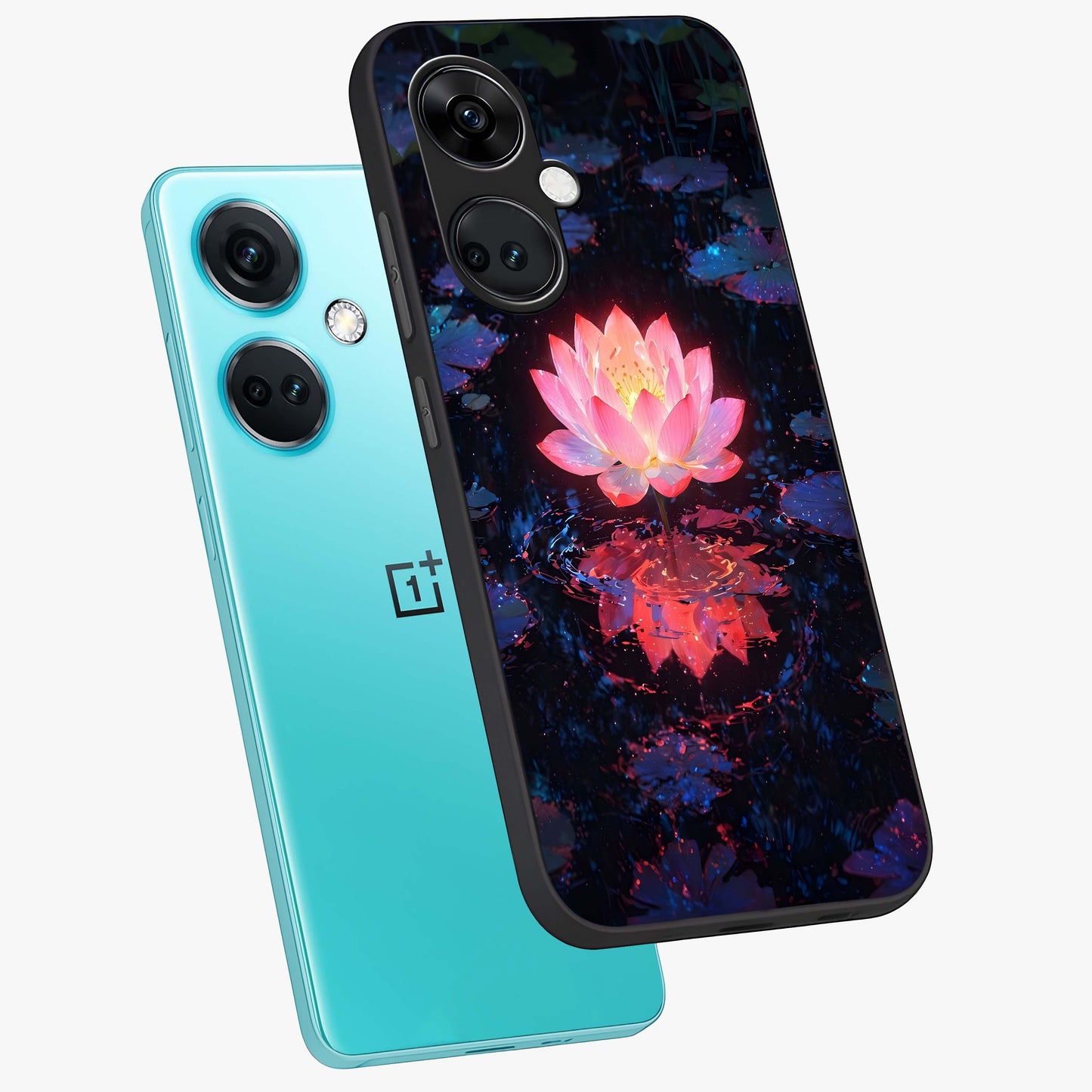 Luminous Lotus Glow Glass Case for 1+Nord CE 3 angled mockup showcasing glossy finish and warm luminous tones
