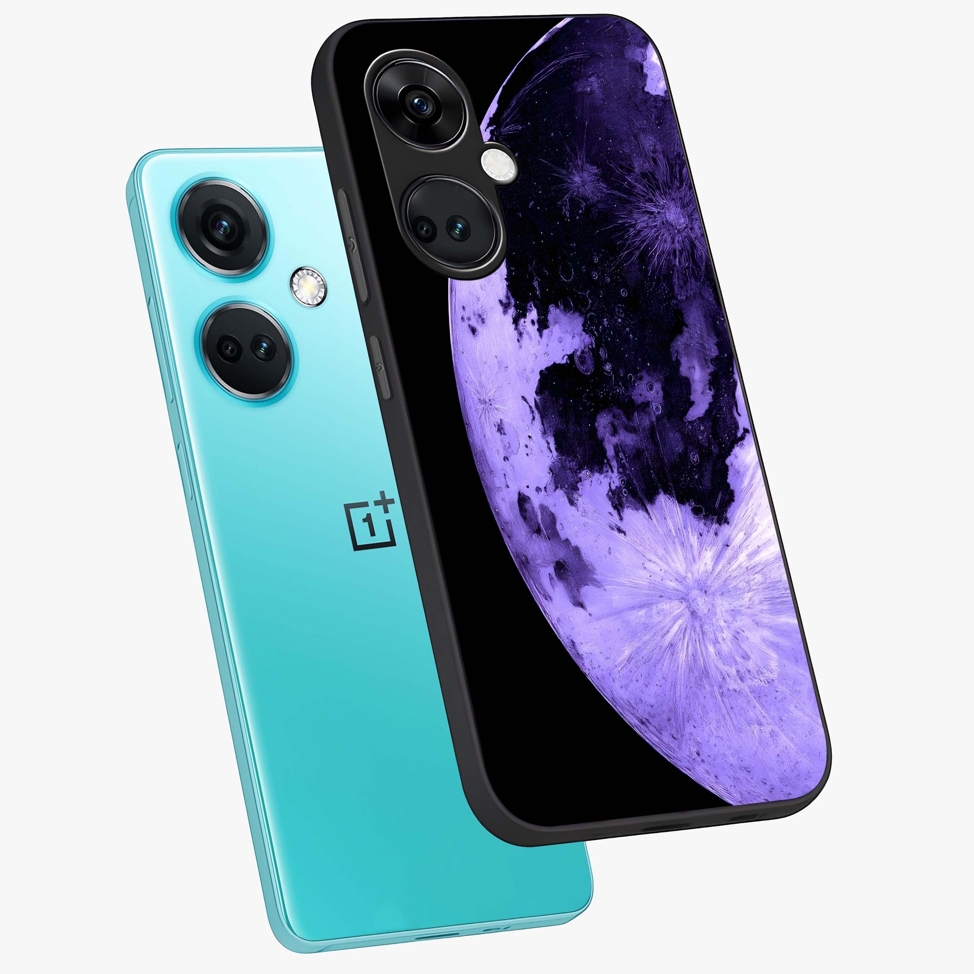 Lunar Glow in Violet Glass Case for 1+Nord CE 3 angled mockup showcasing glossy finish and soft purple gradients
