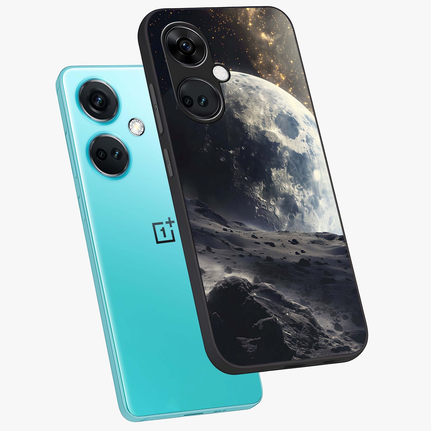 Lunar Horizon Glow Glass Case for 1+Nord CE 3 angled mockup showcasing glossy finish and warm night tones
