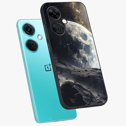 Lunar Horizon Glow Glass Case for 1+Nord CE 3 angled mockup showcasing glossy finish and warm night tones