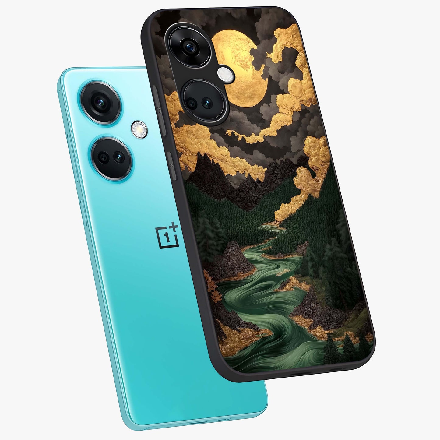Lunar Silk Garden Glass Case for 1+Nord CE 3 angled mockup showcasing glossy glass finish and silky gradient textures