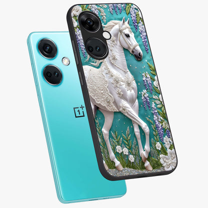 Majestic Floral Stallion Glass Case for 1+Nord Ce 3 angled mockup showcasing glossy finish and vibrant artistic tones