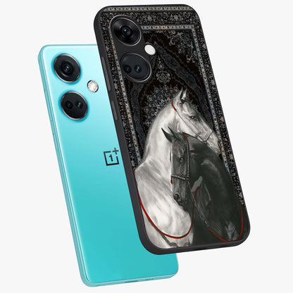 Majestic Ride Legacy Glass Case for 1+Nord Ce 3 angled mockup showcasing glossy finish and strong graphic detailing