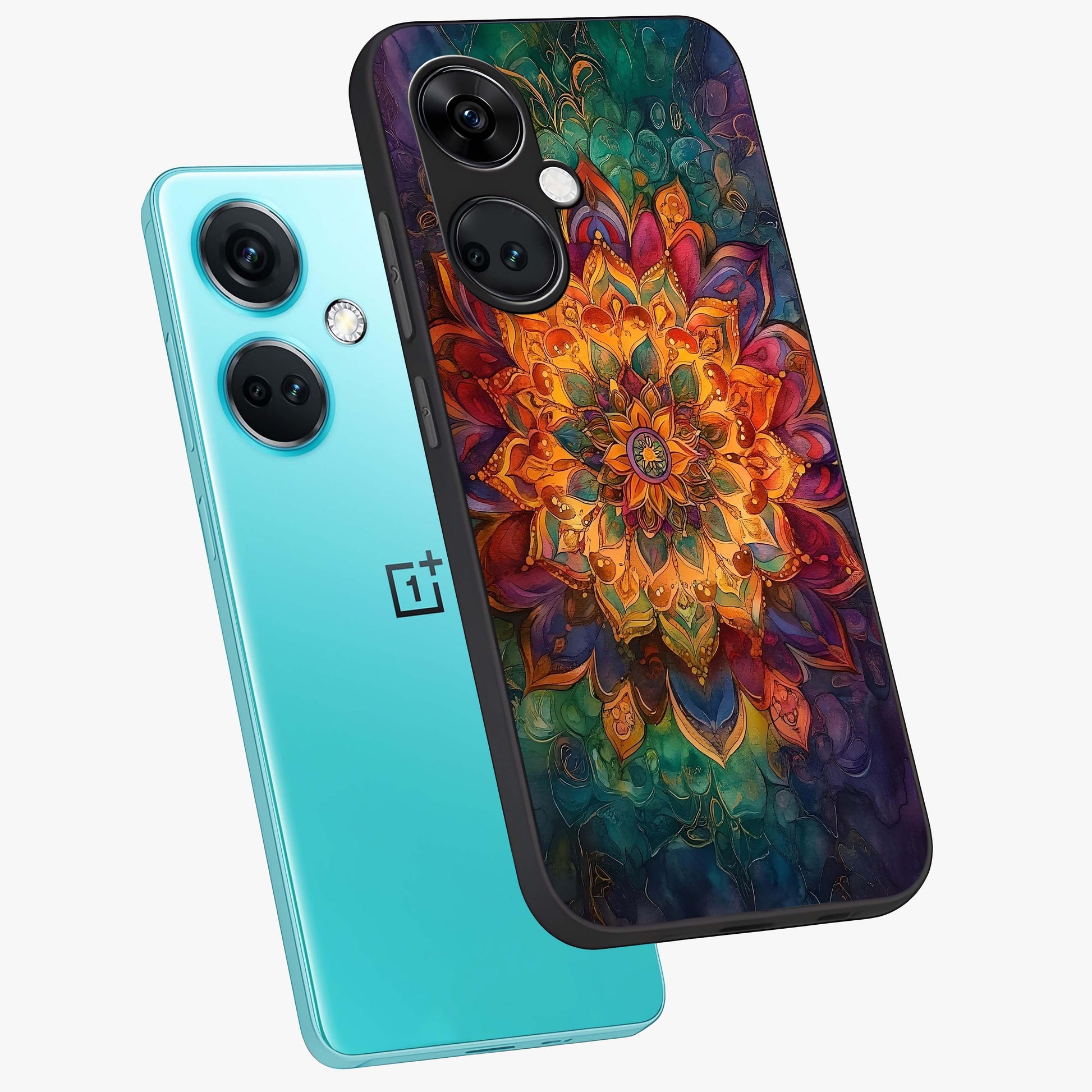 Mandala Vibrants Glass Case for 1+Nord Ce 3 angled mockup showcasing glossy finish and intricate geometric detailing