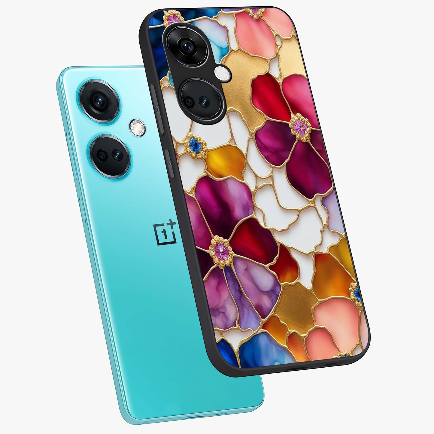 Marble Flower Pattern Glass Case for 1+Nord CE 3 angled mockup showcasing glossy finish and detailed bloom accents