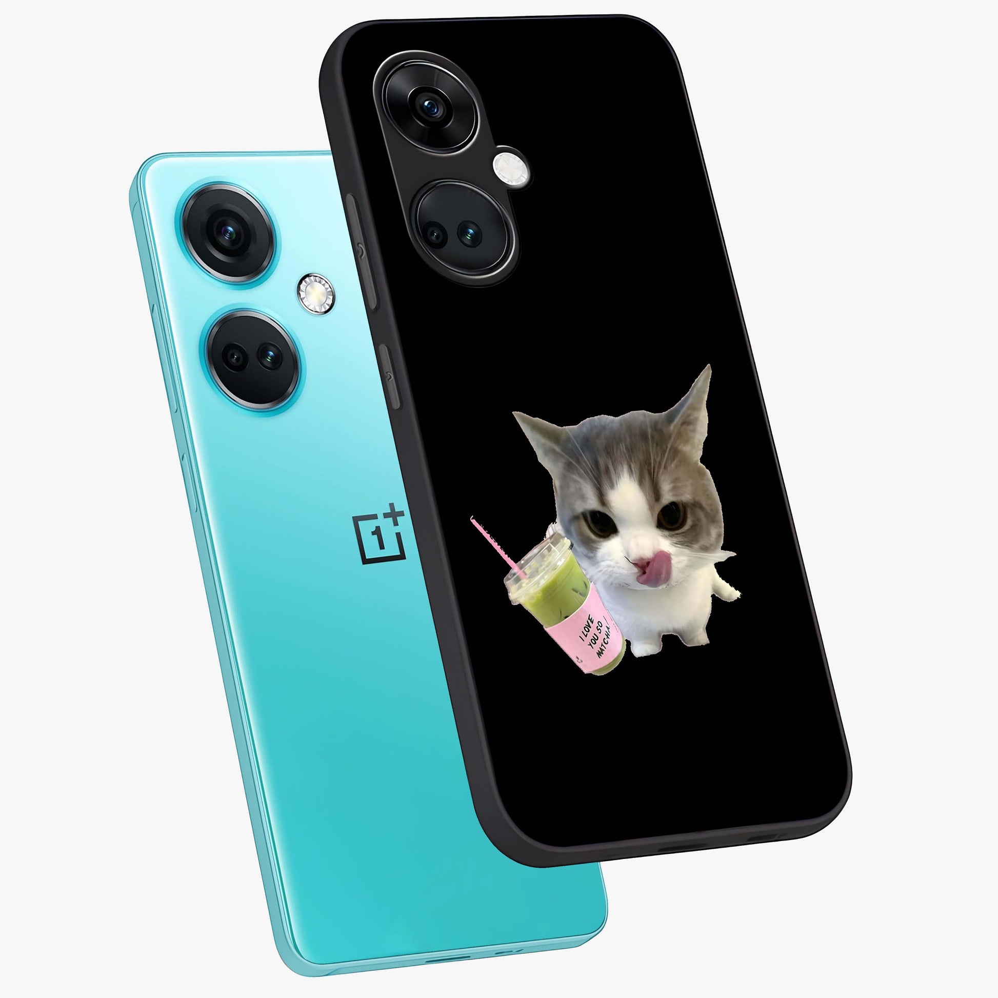 Matcha Cat Style Glass Case for 1+Nord CE 3 angled mockup showcasing glossy glass finish and playful pastel detailing