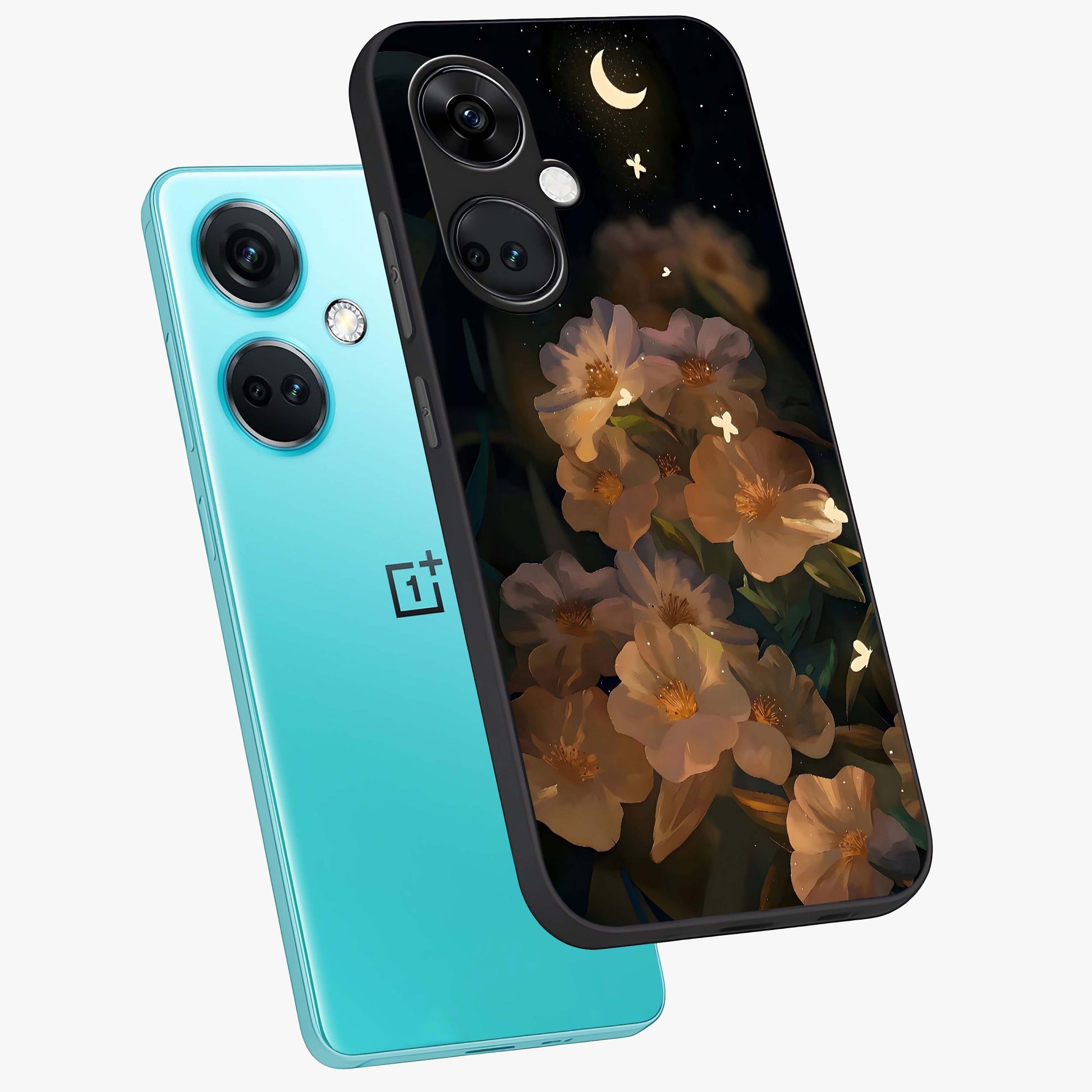 Midnight Bloom Trail Glass Case for 1+Nord CE 3 angled mockup showcasing glossy finish and luminous bloom accents