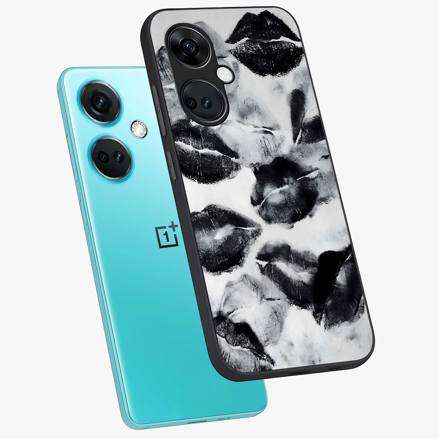 Midnight Kiss Marks Glass Case for 1+Nord CE 3 angled mockup showcasing glossy finish and striking red contrast