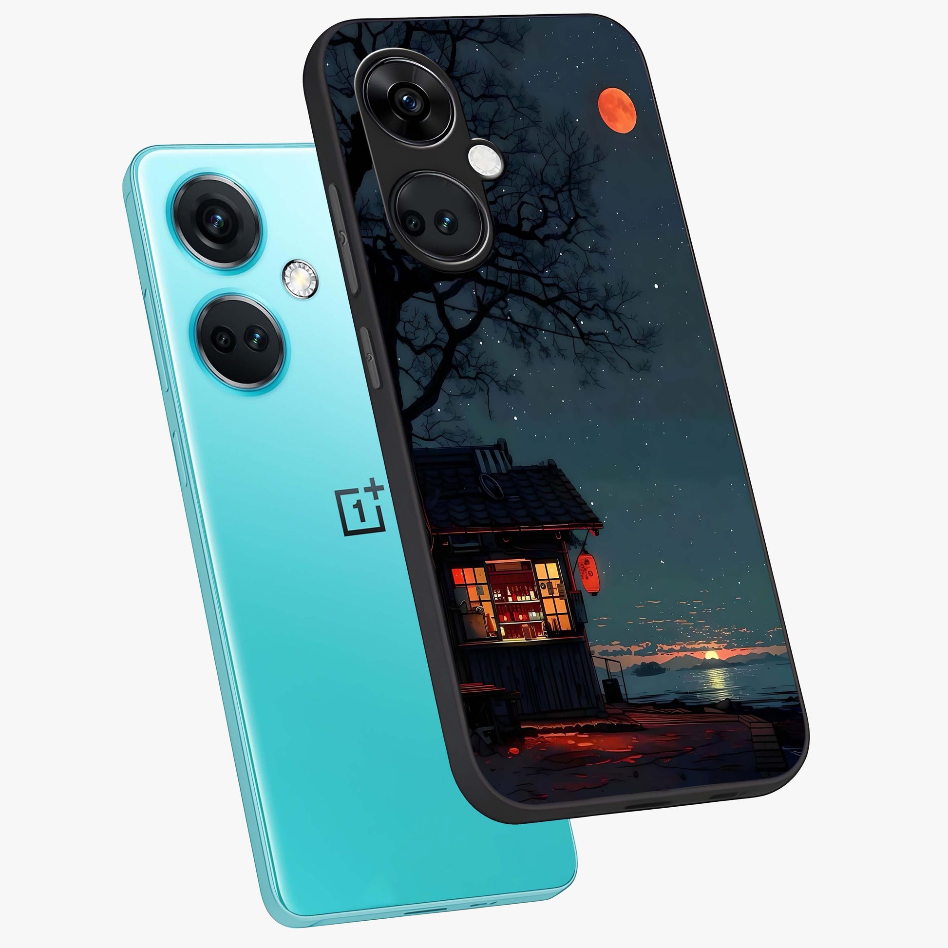 Midnight Lantern Glow Glass Case for 1+Nord CE 3 angled mockup showcasing glossy finish and warm luminous tones