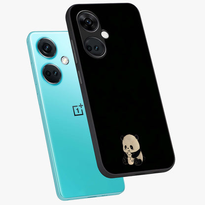 Midnight Panda Love Glass Case for 1+Nord CE 3 angled mockup showcasing glossy finish and soft contrast tones