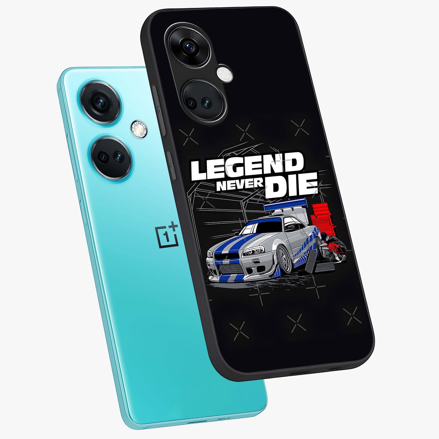 Midnight Racing Legacy Glass Case for 1+Nord CE 3 angled mockup showcasing glossy glass finish and dynamic motion detailing