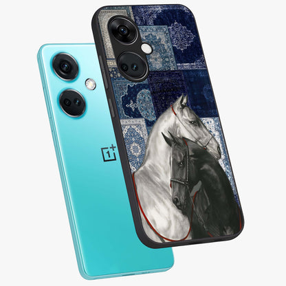 Midnight Stallion Blues Glass Case for 1+Nord CE 3 angled mockup showcasing glossy finish and dramatic equestrian detailing