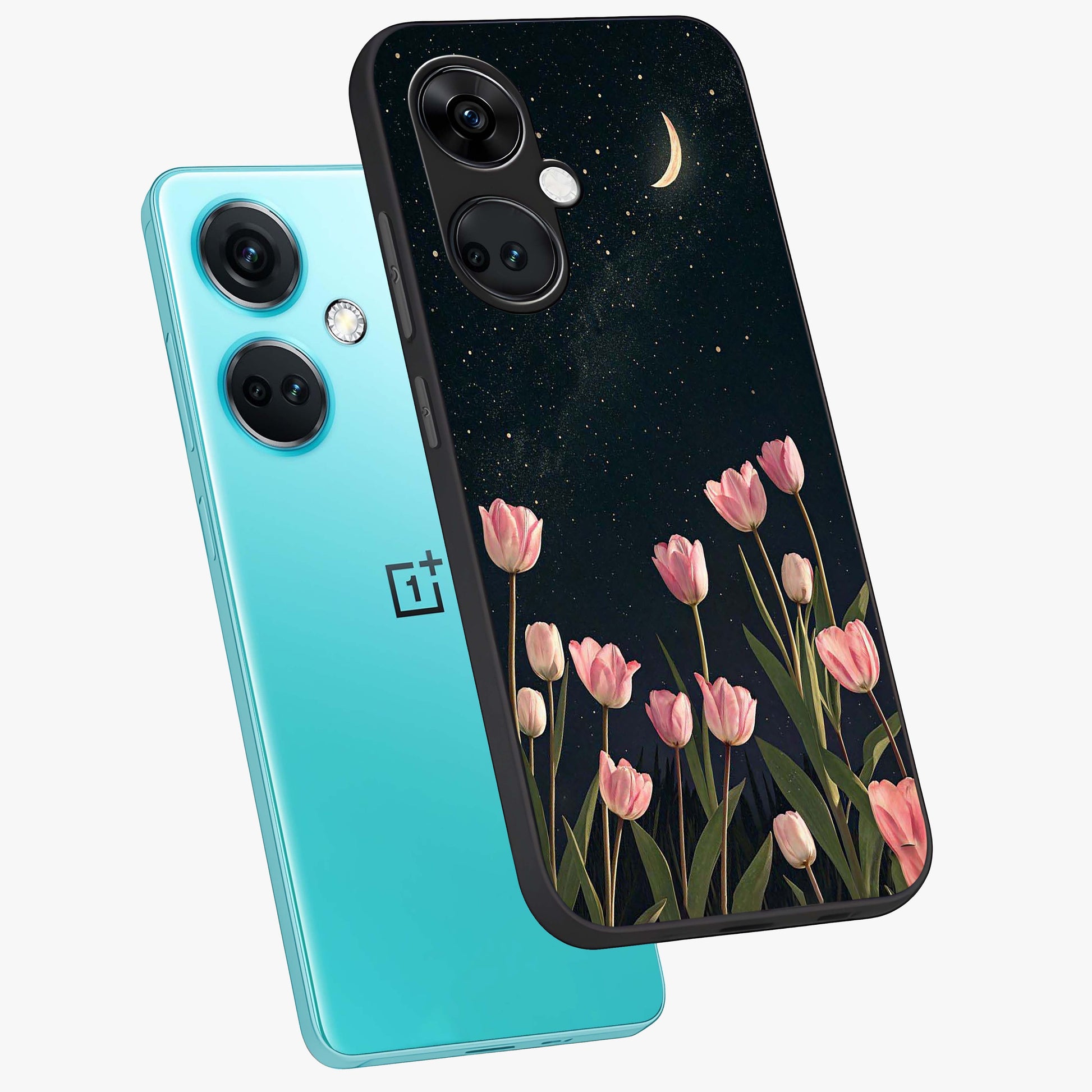 Midnight Tulip Whispers Vibe Glass Case for 1+Nord Ce 3 angled mockup showcasing glossy finish and subtle bloom detailing