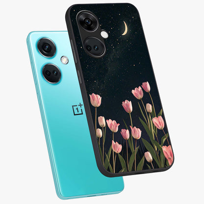 Midnight Tulip Whispers Vibe Glass Case for 1+Nord Ce 3 angled mockup showcasing glossy finish and subtle bloom detailing