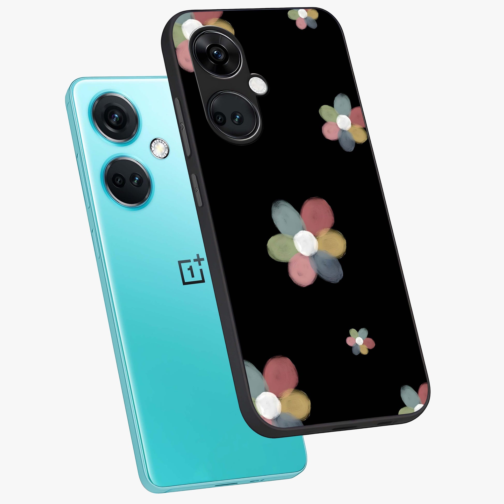 Minimal Floral Charm Glass Case for 1+Nord CE 3 angled mockup showcasing glossy finish and soft pastel tones
