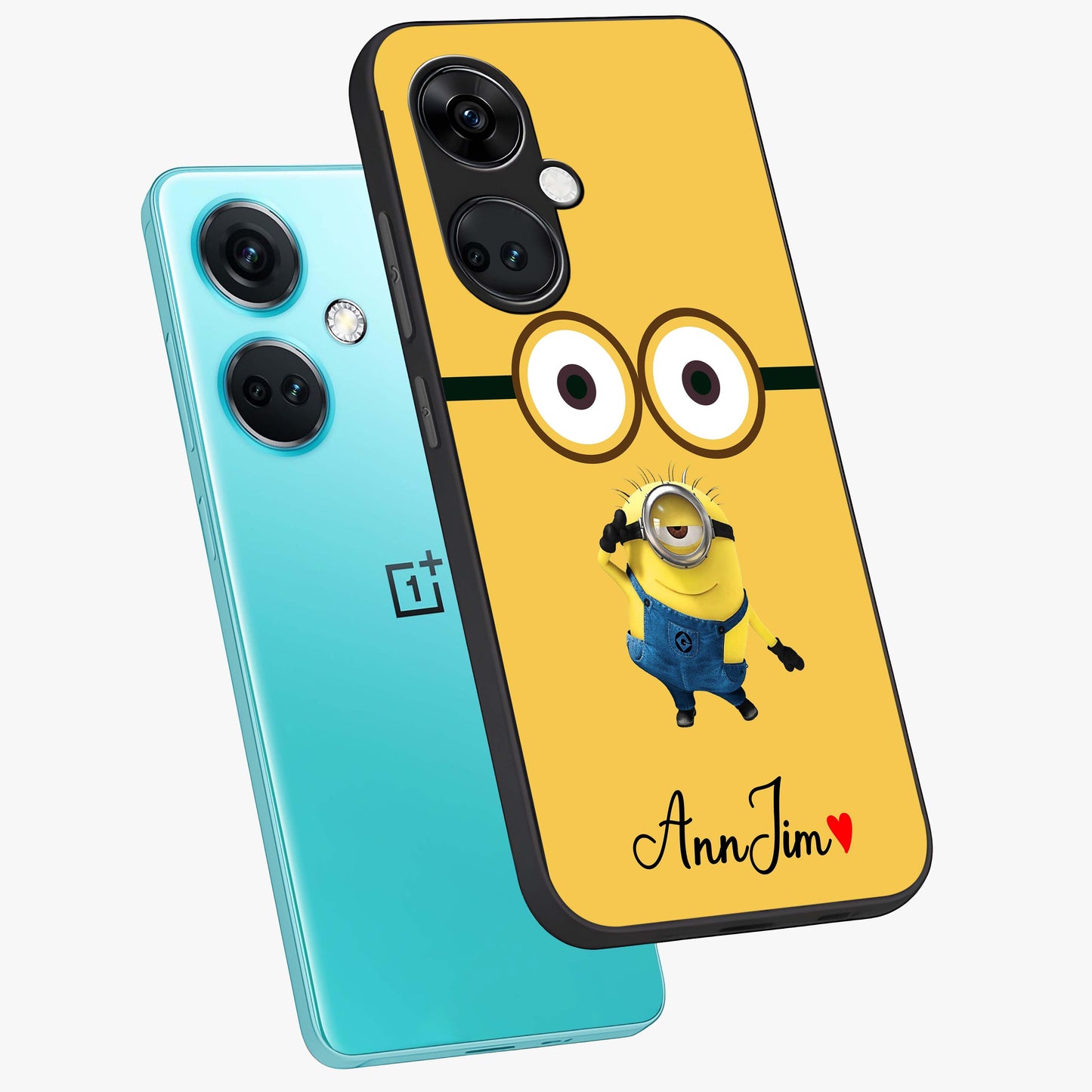 Minion Custom Name Glass Case for 1+Nord Ce 3 angled mockup showcasing glossy finish and vibrant character detailing