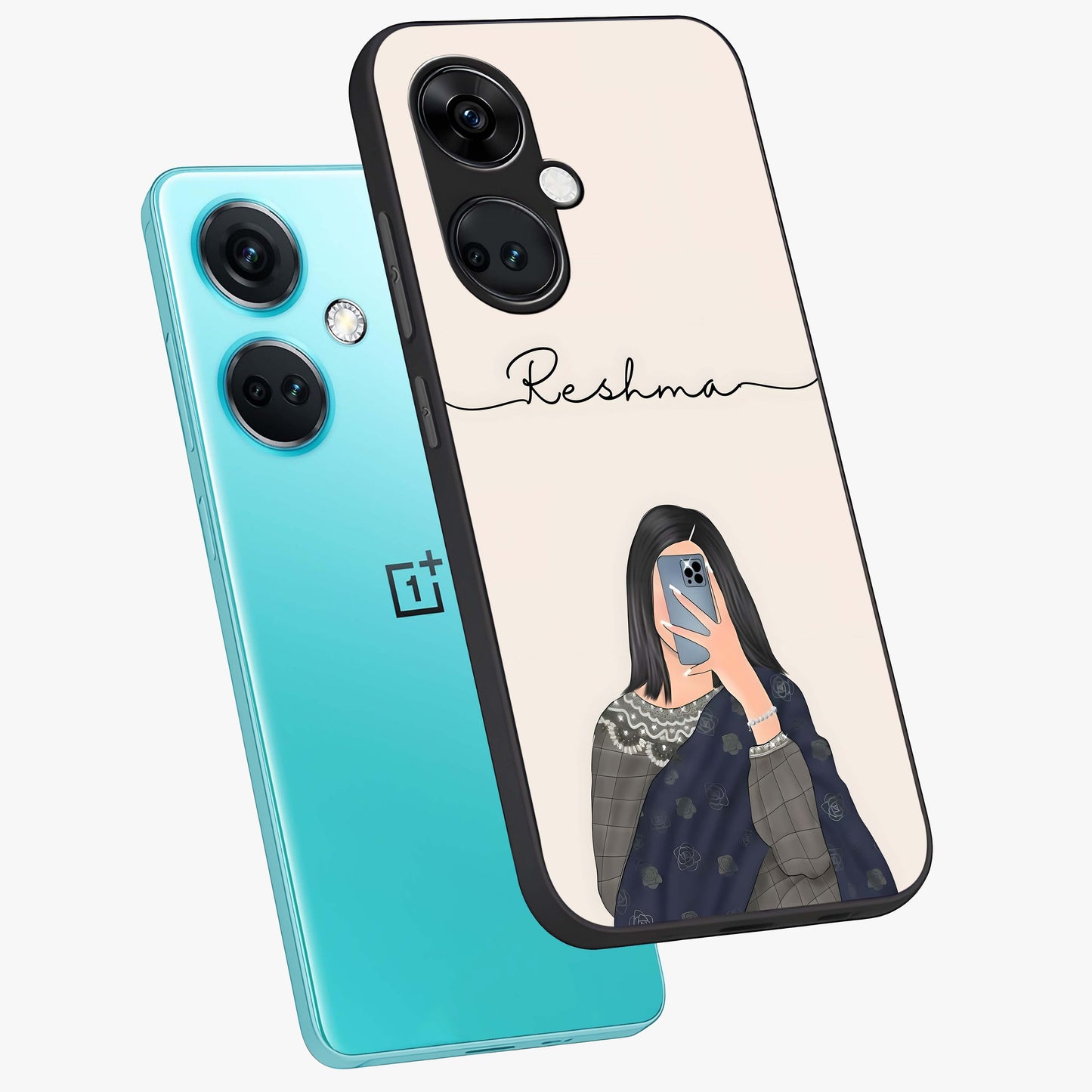 Mirror Mood Muse With Custom Name Glass Case for 1+Nord CE 3 angled mockup showcasing glossy finish and modern design tones