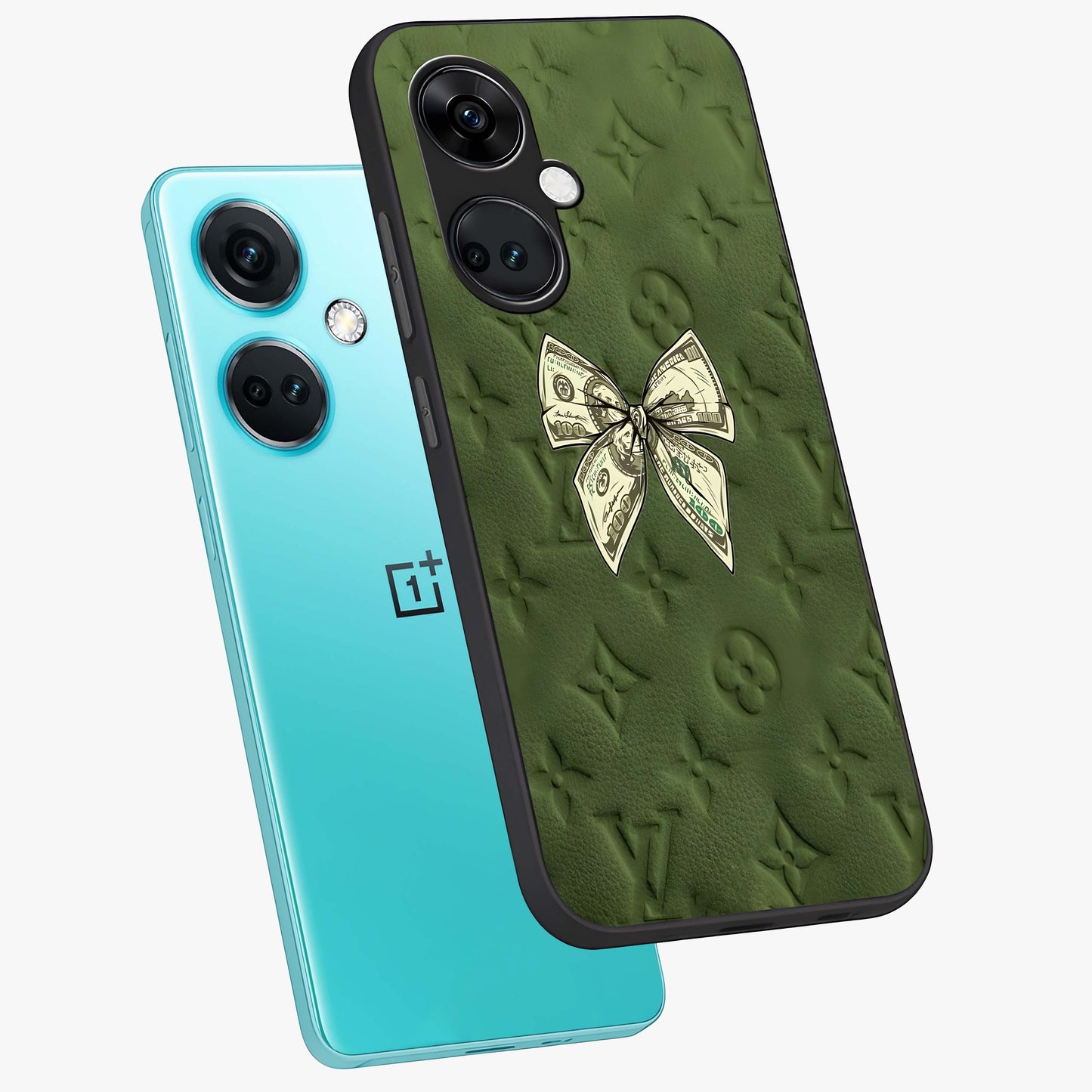Money Bow Lv Glass Case for 1+Nord CE 3 angled mockup showcasing glossy finish and premium aesthetic detailing