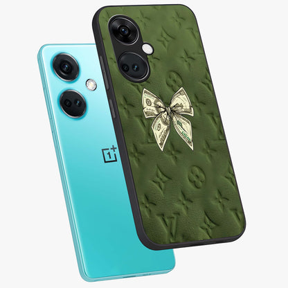 Money Bow Lv Glass Case for 1+Nord CE 3 angled mockup showcasing glossy finish and premium aesthetic detailing