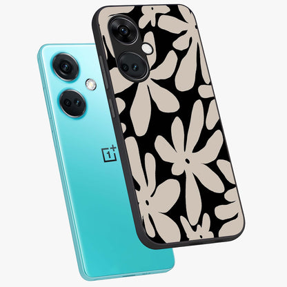 Monochrome Petal Dance Glass Case for 1+Nord CE 3 angled mockup showcasing glossy finish and elegant contrast detailing